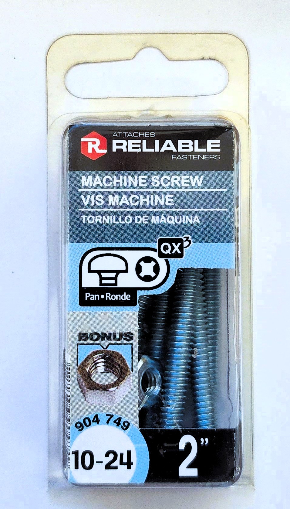 Main 2 - 2" 10-24 PAN-HEAD MACHINE SCREW w/ HEXAGON NUT - ZINC-COATED (8 PACK) -