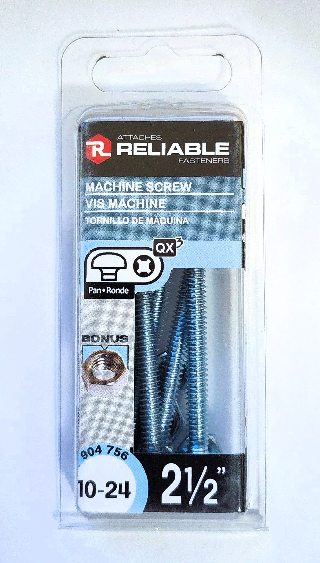 Main 2 - 2-1/2" 10-24 PAN-HEAD MACHINE SCREW w/ HEXAGON NUT - ZINC-COATED (6 PACK) -