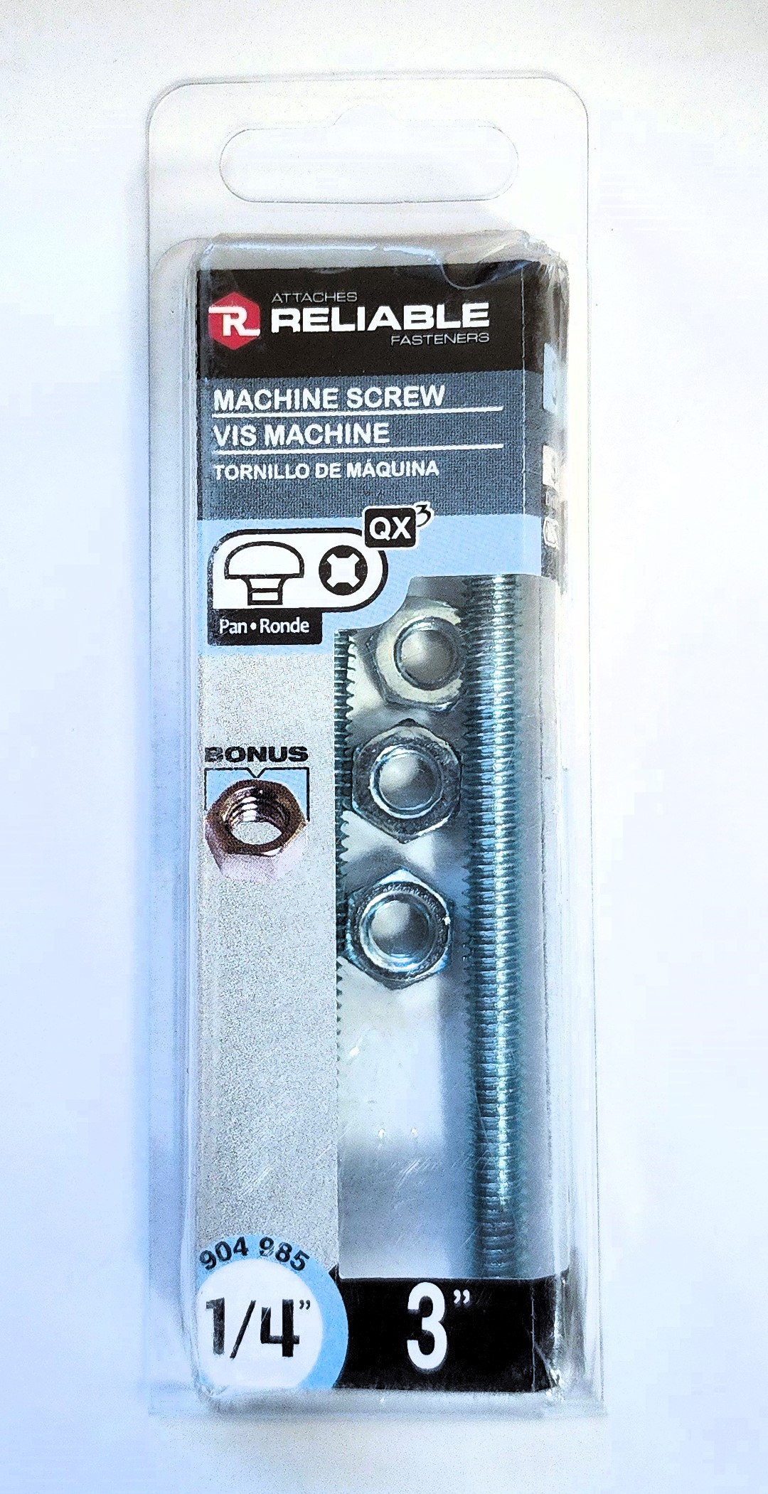 Main 2 - 3" - 1/4" PAN-HEAD MACHINE SCREW w/ HEXAGON NUT - ZINC-COATED (3 PACK) -