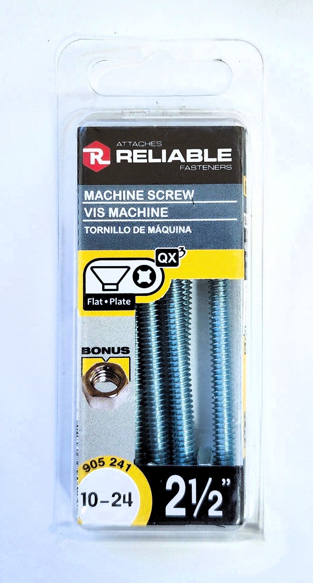 Main 2 - 2-1/2" 10-24 FLAT-HEAD MACHINE SCREW w/ HEXAGON NUT - ZINC-COATED (6 PACK) -