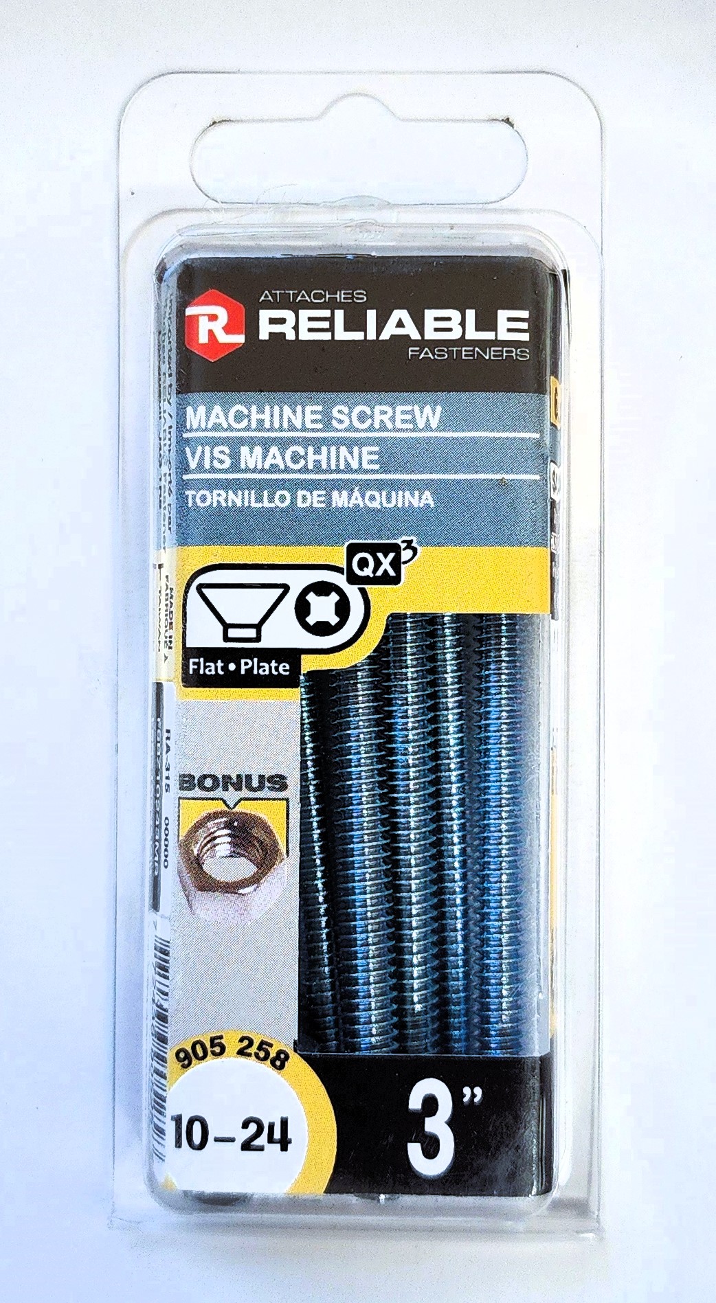 Main 2 - 3" 10-24 FLAT-HEAD MACHINE SCREW w/ HEXAGON NUT - ZINC-COATED (6 PACK) -