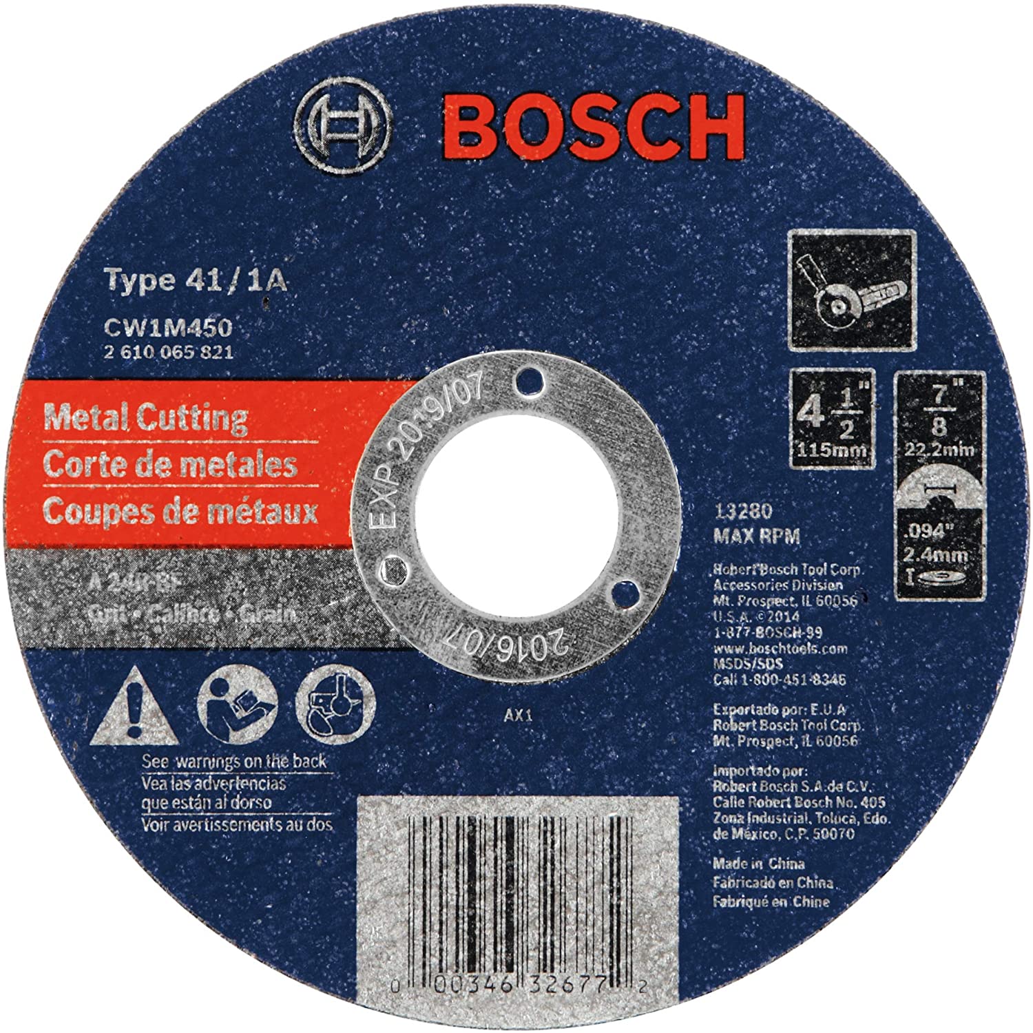 BOSCH 4-1/2" 24-GRIT METAL CUTTING ABRASIVE WHEEL (3/32" THICK; 7/8" ARBOR)  - Kilrich Building Centres