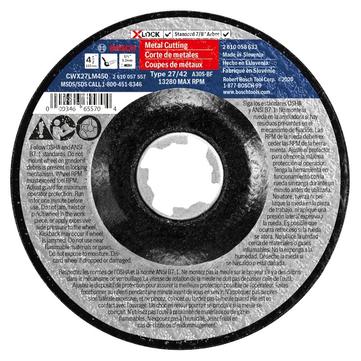 BOSCH 4-1/2" 30-GRIT METAL CUTTING / GRINDING WHEEL (0.098" THICK; X-LOCK ARBOR)  - Kilrich Building Centres