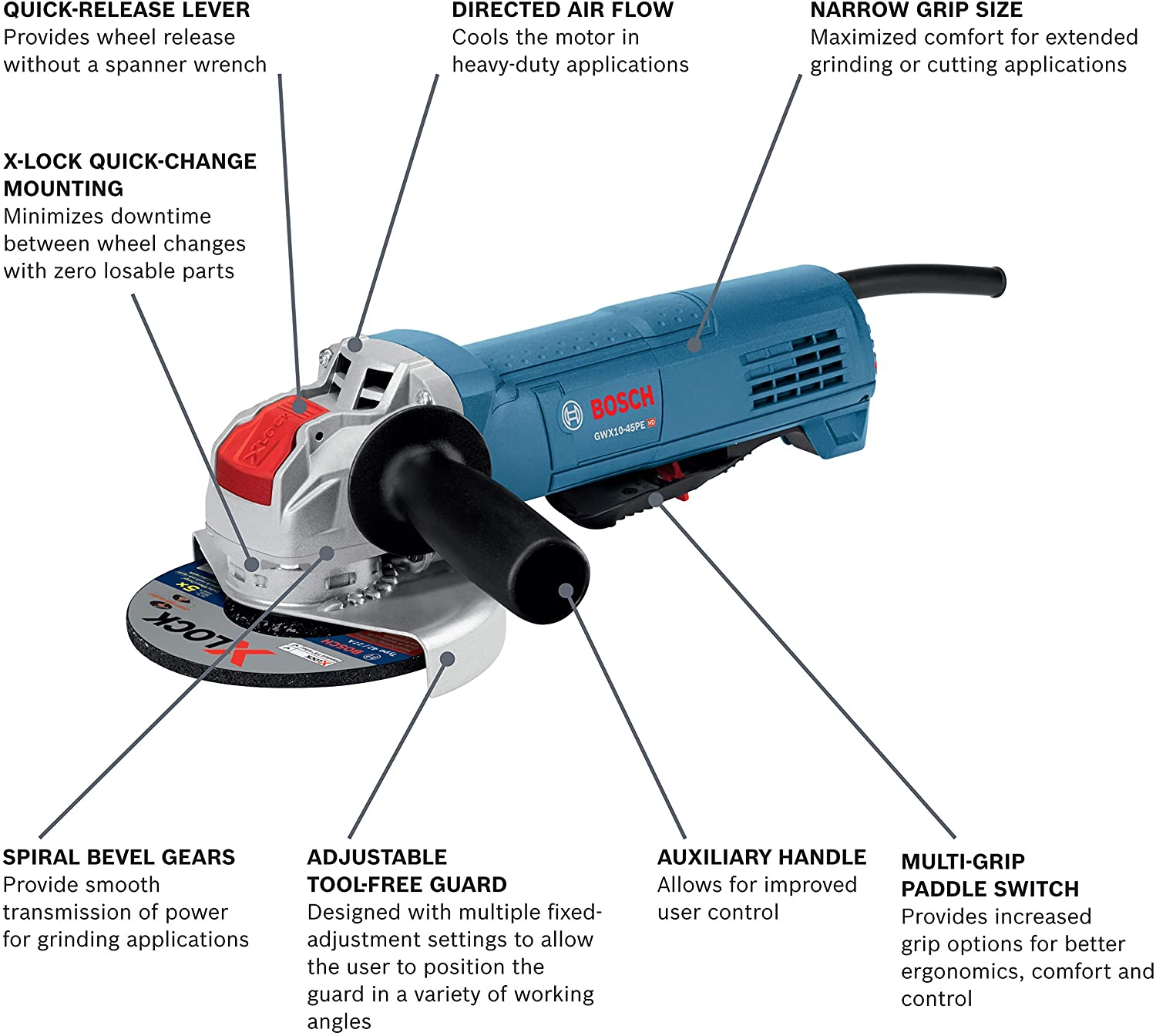 Main 2 - BOSCH 4-1/2" X-LOCK ERGONOMIC ANGLE GRINDER w/ PADDLE SWITCH -