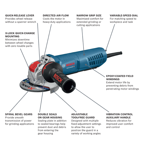 Main 2 - BOSCH 5" X-LOCK VARIABLE SPEED ANGLE GRINDER w/ PADDLE SWITCH -