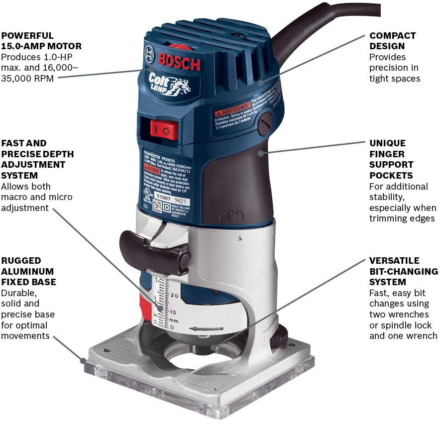 Main 2 - BOSCH COLT 1.0HP ELECTRONIC VARIABLE SPEED PALM ROUTER (5.6 AMP) -