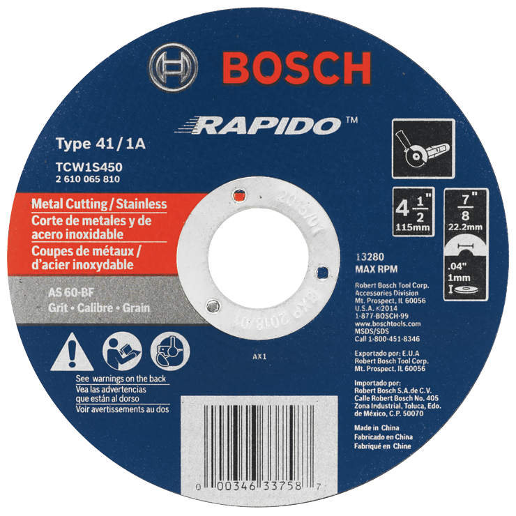 BOSCH 4-1/2" 60-GRIT RAPIDO FAST THIN CUTTING DISC (0.040" THIN; 7/8" ARBOR) - Kilrich Building Centres