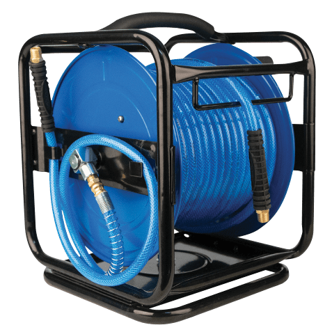 BISSETT PORTABLE SWIVEL REEL w/ BLUE AIR HOSE (1/4” x 150’) - Kilrich Building Centres