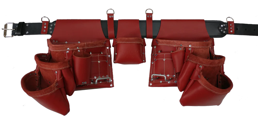 VIKING LEATHER FRAMING TOOL BELT / APRON w/ FRONT BUCKLE STEEL LOOPS (RED) - Kilrich Building Centres