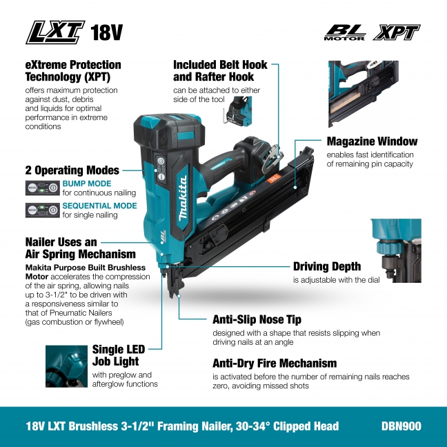 Main 2 - MAKITA 18V BL 3-1/2" FRAMING
NAILER 30 DEGREE CLIPPED HEAD
TOOL ONLY -