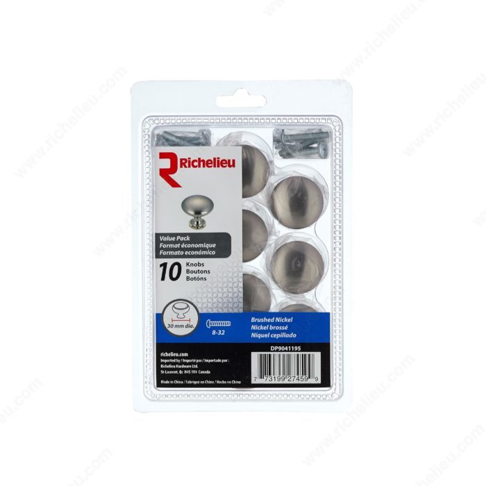 KNOB METAL 30MM (8/32) BRUSHED
NICKEL 10PACK - Kilrich Building Centres