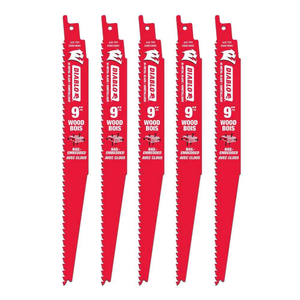 DIABLO 9" 6/12-TPI BI-METAL NAIL-EMBEDDED WOOD RECIPROCATING SAW BLADES - 5 PACK - Kilrich Building Centres
