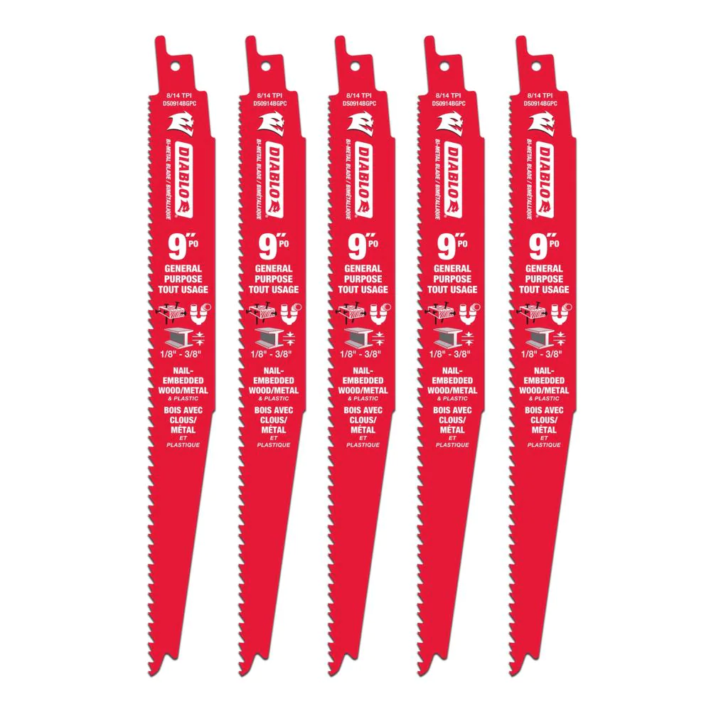 DIABLO 9" 8/14-TPI BI-METAL / GENERAL PURPOSE RECIPROCATING SAW BLADES - 5 PACK - Kilrich Building Centres