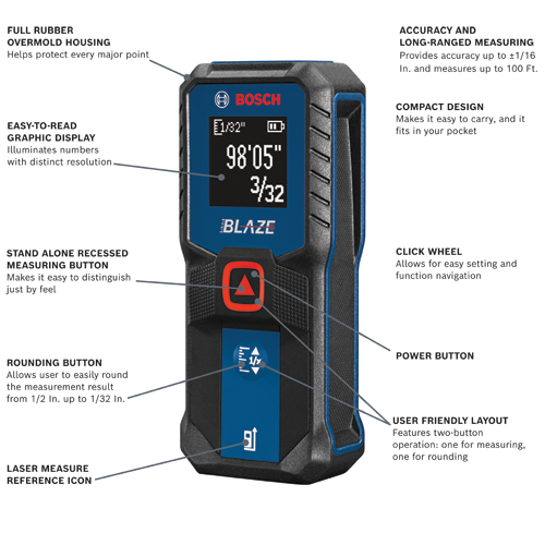 Main 2 - BOSCH BLAZE 100' PRO LASER DISTANCE MEASURE w/ BACKLIT DISPLAY -