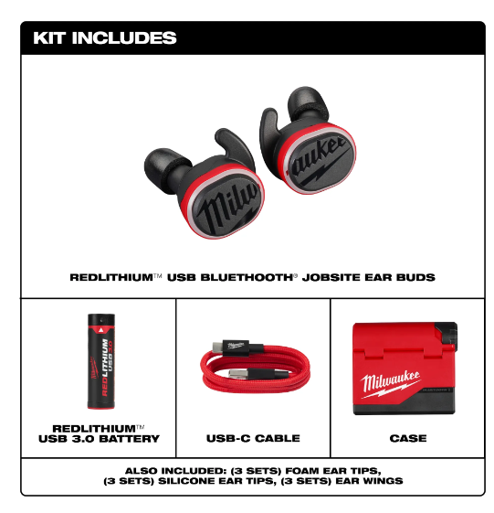 MILWAUKEE JOBSITE EARBUDS (USB RECHARGEABLE REDLITHIUM) - Kilrich Building Centres