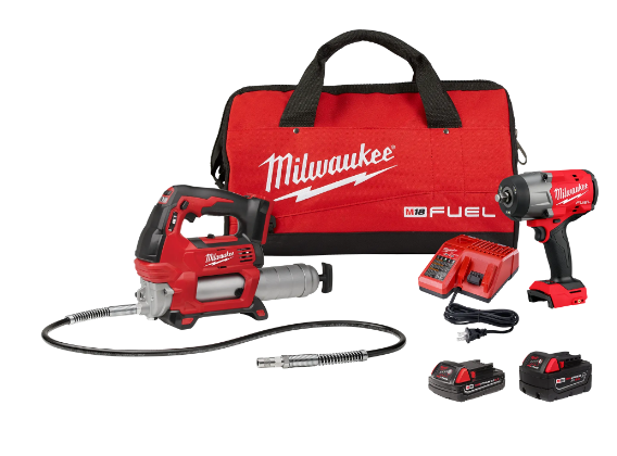 MILWAUKEE M18 FUEL 1/2" HIGH-TORQUE IMPACT WRENCH KIT w/ FRICTION RING, GREASE GUN, (2) XC5.0 BATTERIES & CHARGER - Kilrich Building Centres