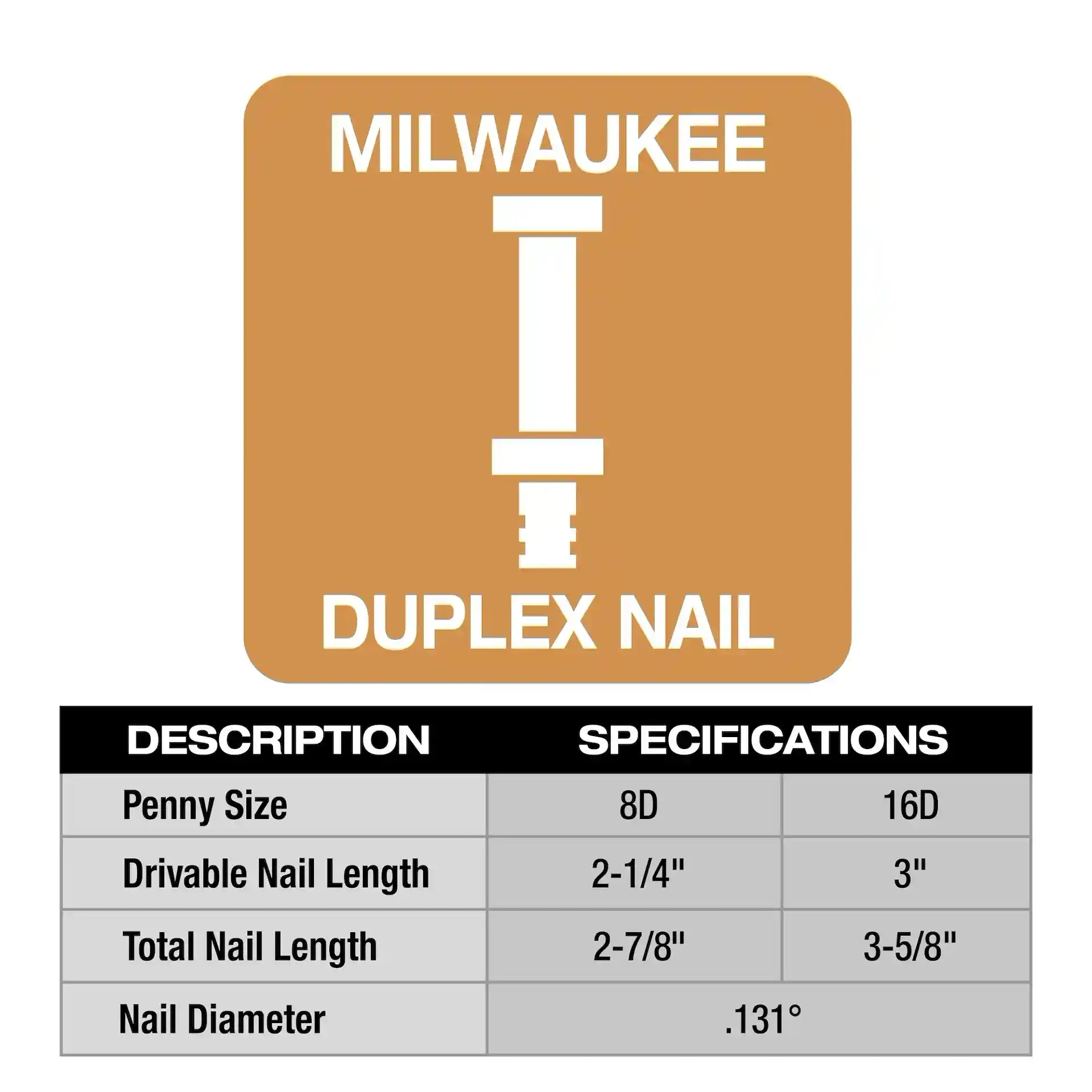 Main 2 - MILWAUKEE 16D 3" x .131" COLLATED DUPLEX NAILS -