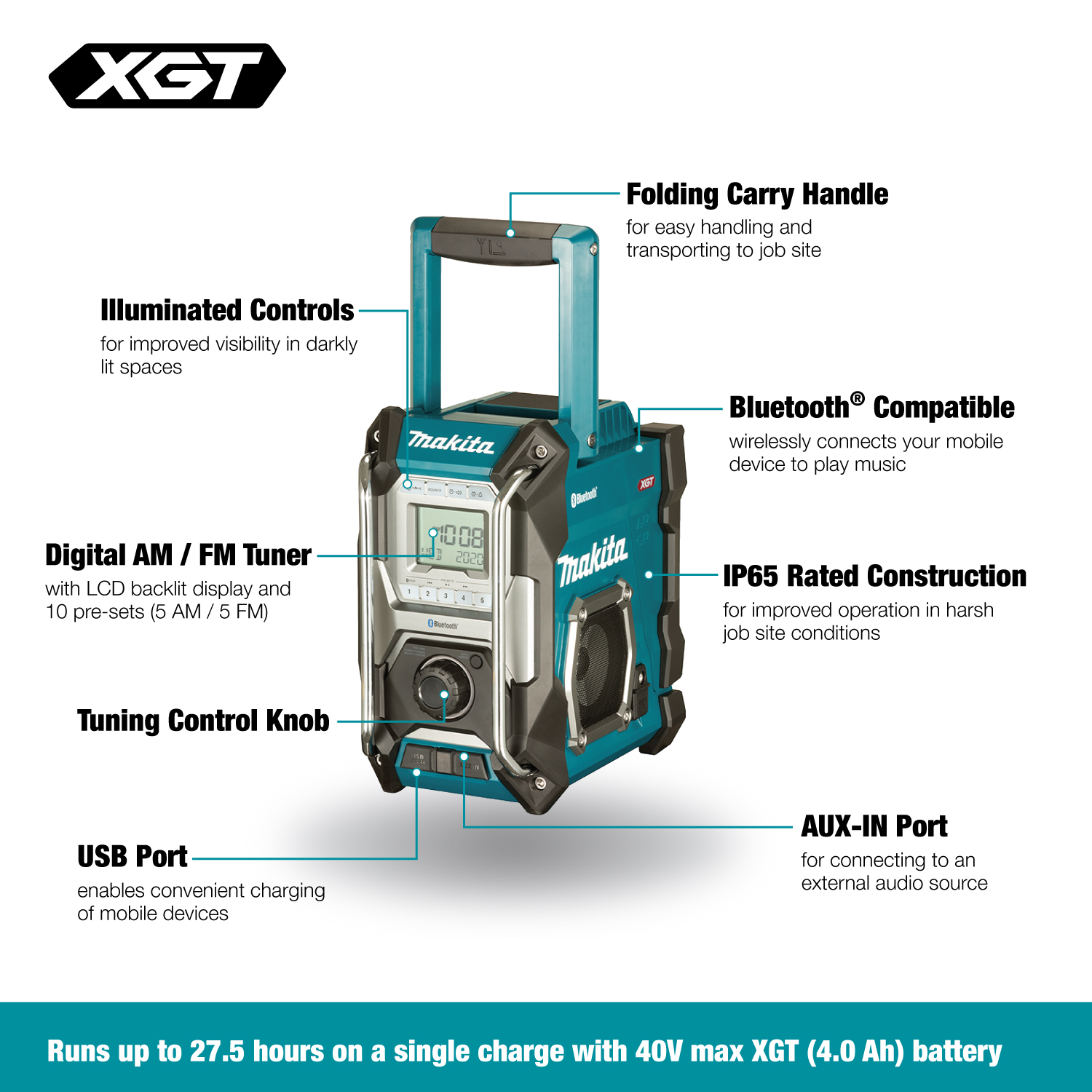 Main 3 - MAKITA 12-40Vmax JOBSITE RADIO w/ BLUETOOTH & USB (TOOL ONLY) -