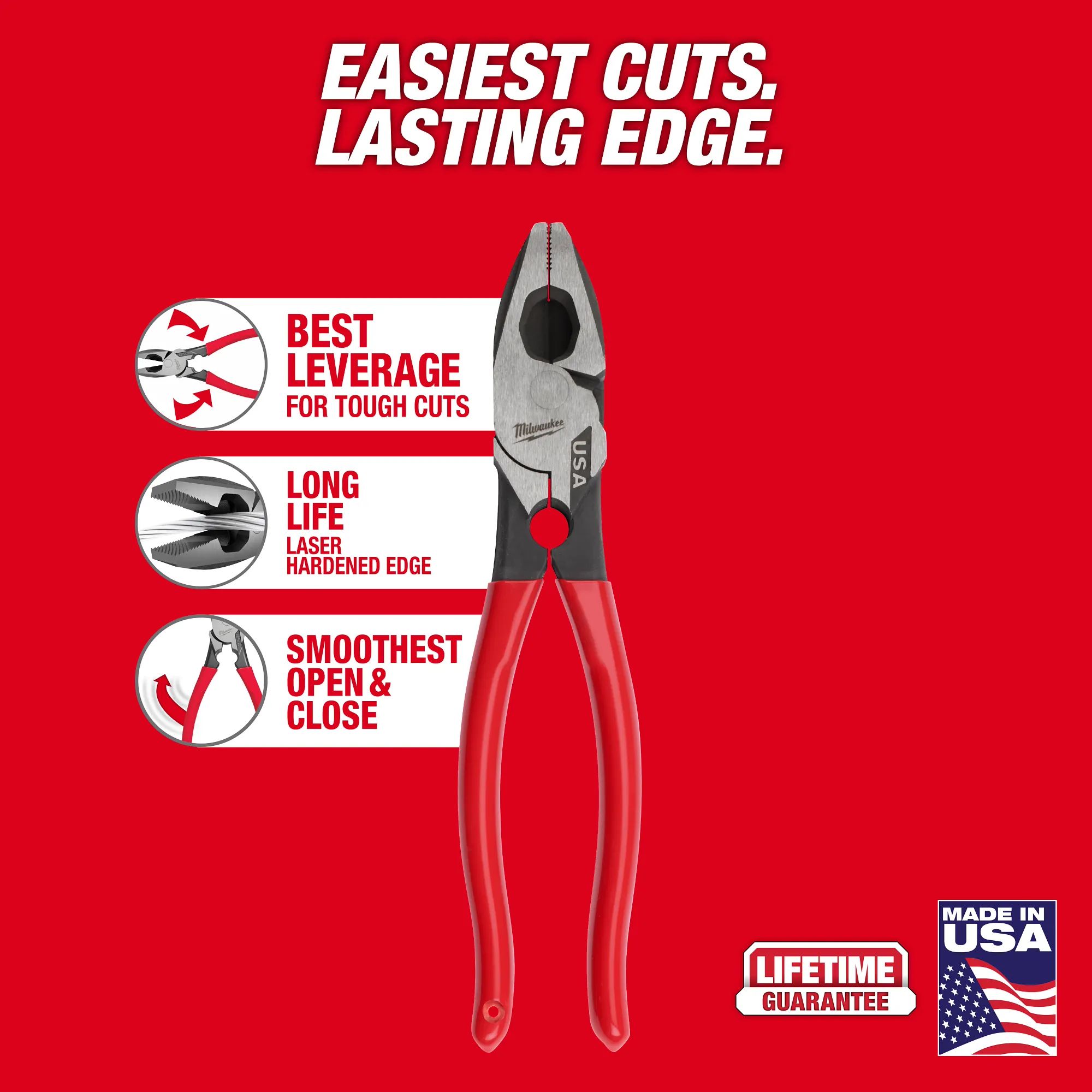 Main 2 - MILWAUKEE 9" LINEMAN'S DIPPED
GRIP PLIERS W/THREAD CLEANER
(USA) -