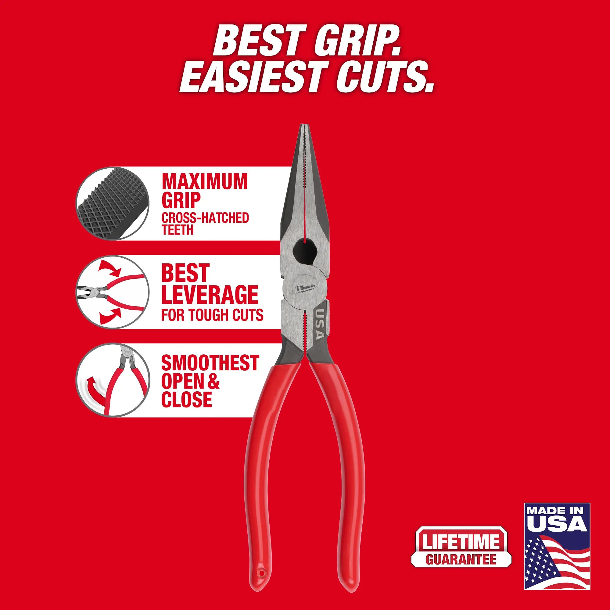Main 3 - MILWAUKEE 8" Long Nose Dipped
Grip Pliers (USA) -