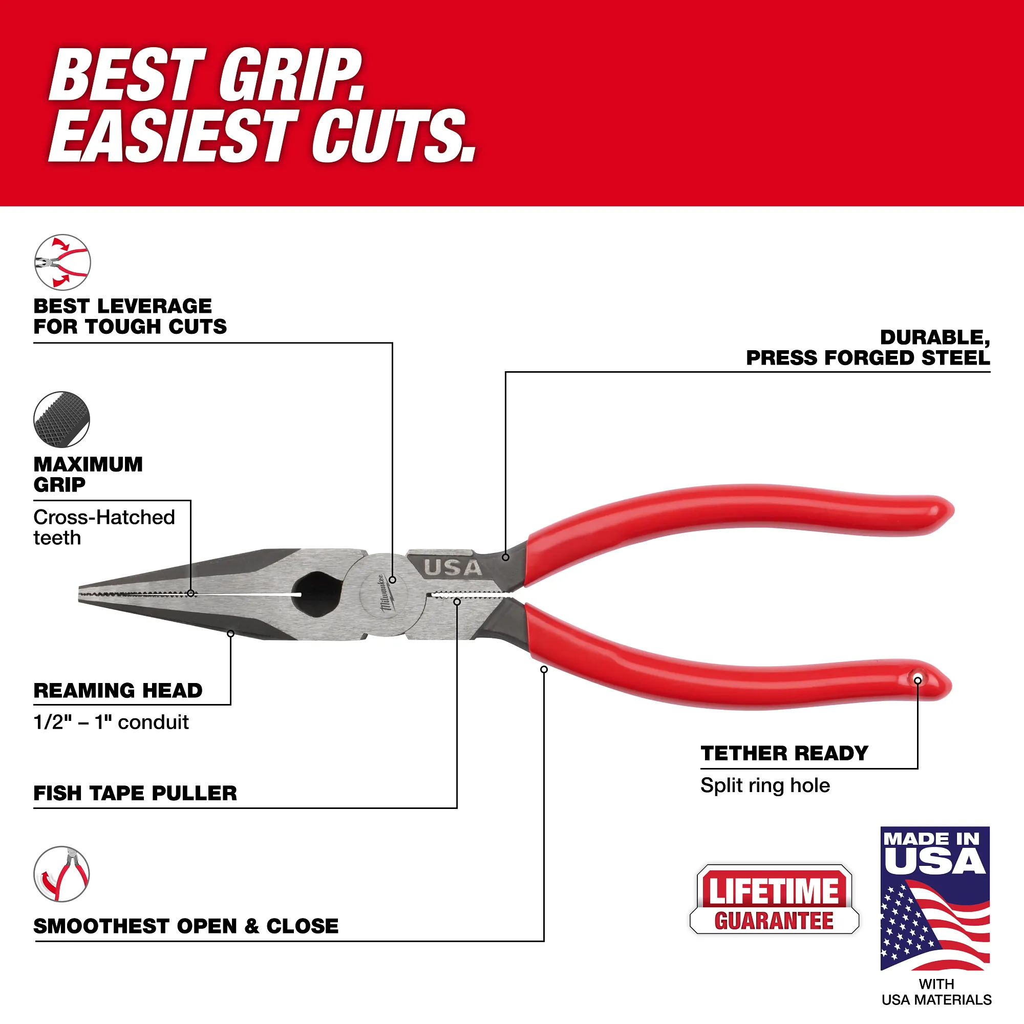 Main 2 - MILWAUKEE 8" Long Nose Dipped
Grip Pliers (USA) -