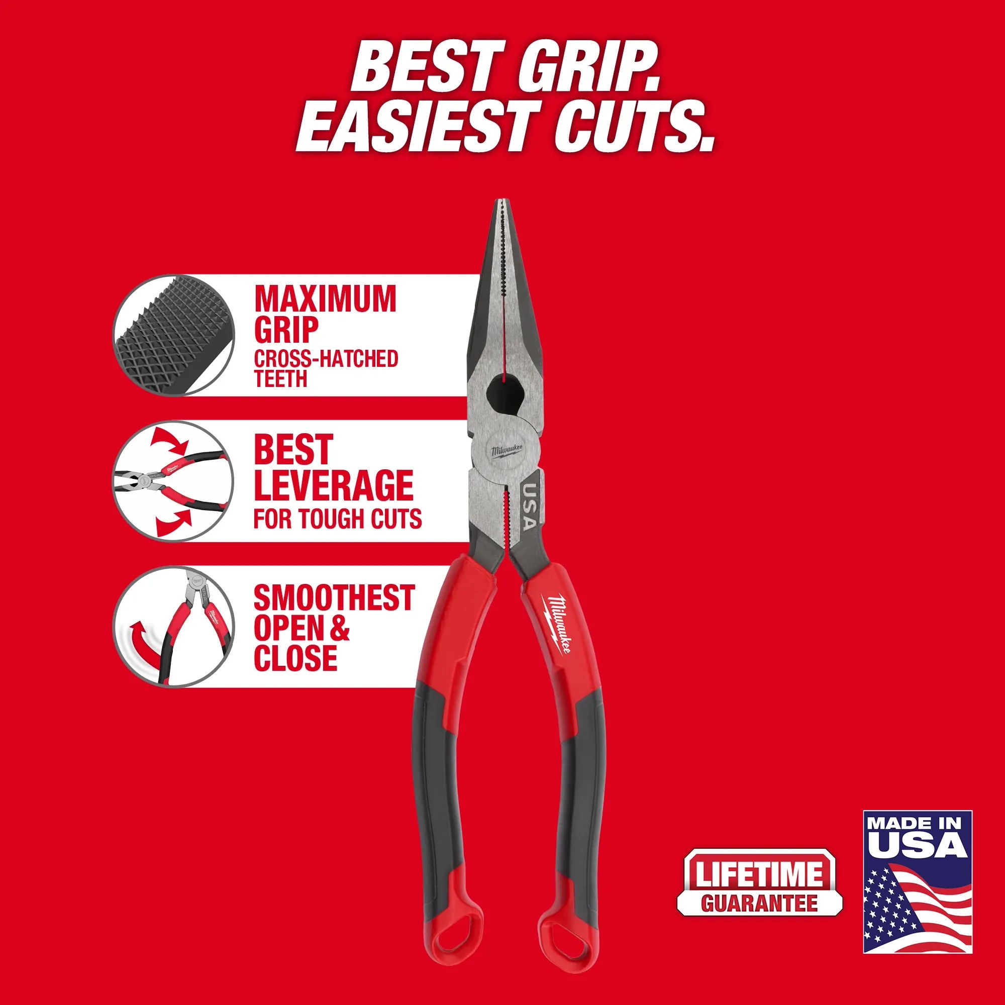 Main 3 - MILWAUKEE 8" Long Nose Comfort
Grip Pliers (USA) -