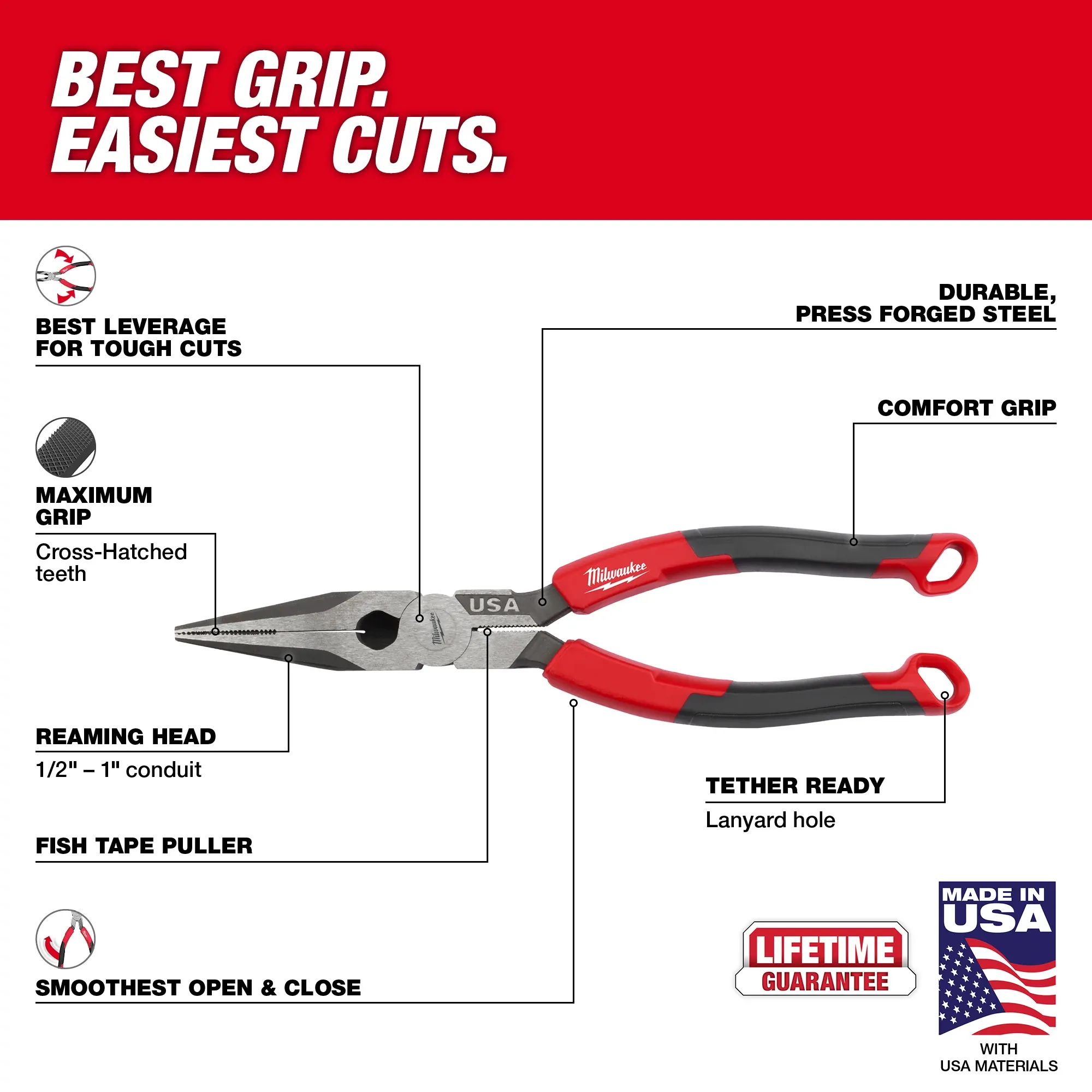 Main 2 - MILWAUKEE 8" Long Nose Comfort
Grip Pliers (USA) -