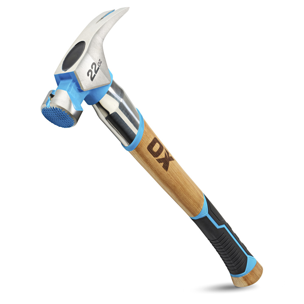 OX PRO 22oz. MILLED FACE FRAMING HAMMER w/ CURVED HICKORY HANDLE, TPR GRIP & STEEL REINFORCEMENT - Kilrich Building Centres