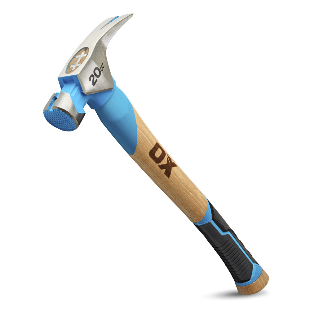OX PRO MILLED FACE FRAMING HAMMER w/ CURVED HICKORY HANDLE, TPR GRIP & STEEL REINFORCEMENT (20oz. / 560g) - Kilrich Building Centres