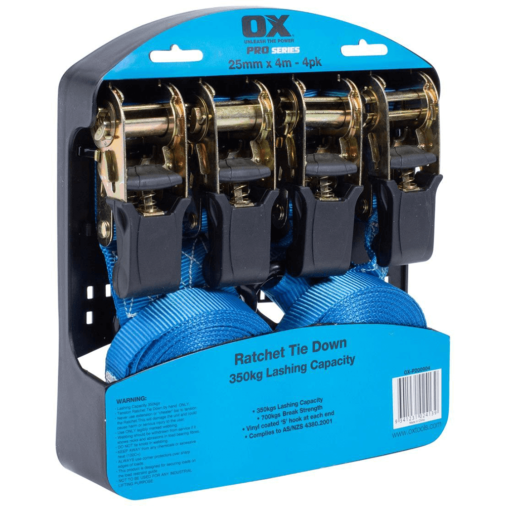 OX PRO 25mm x 4m RATCHET TIE DOWNS - 4 PACK - Kilrich Building Centres