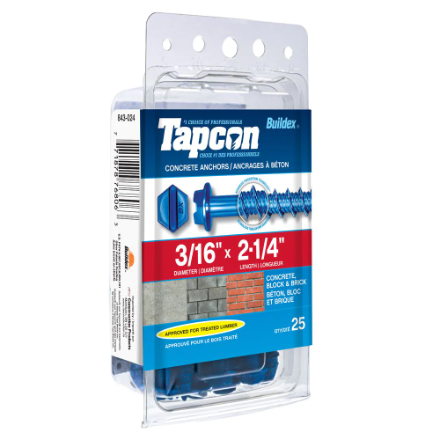BX51016: TAPCON 3/16 X 2-1/4 HX
25PC - Kilrich Building Centres
